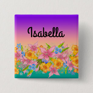 Naadloze bloembloemen roze geel sinaasappel vierkante button 5,1 cm