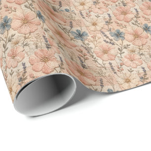 Naadloze bloemengeborduurd zachte pastel cadeaupapier