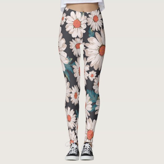 Naadloze bloesem Daisy Flower Pattern Leggings (Voorkant)