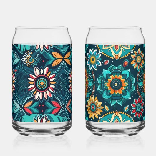 Naadloze boho print kleurrijke bierblikglas blikvorm glas (Links)