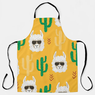 Naadloze cartoon lama en cactus patroon in brij schort