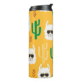 Naadloze cartoon lama en cactus patroon in brij thermosbeker (Gedraaid links)