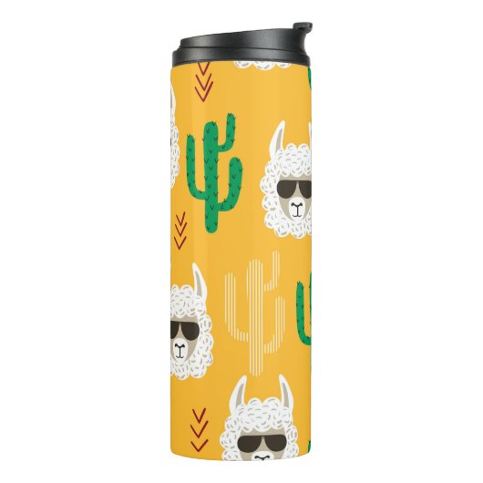 Naadloze cartoon lama en cactus patroon in brij thermosbeker (Gedraaid links)