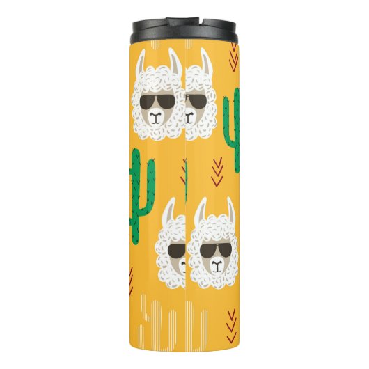 Naadloze cartoon lama en cactus patroon in brij thermosbeker (Achterkant)