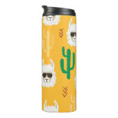 Naadloze cartoon lama en cactus patroon in brij thermosbeker (Geroteerd rechts)