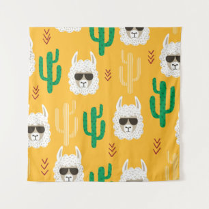 Naadloze cartoon lama en cactus patroon in brij wandkleed