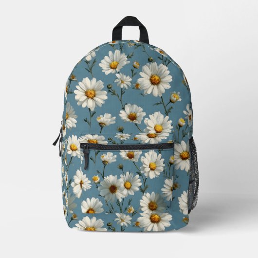 Naadloze Daisy Flower Pattern op Blauw Bedrukte Rugzak (Voorkant)