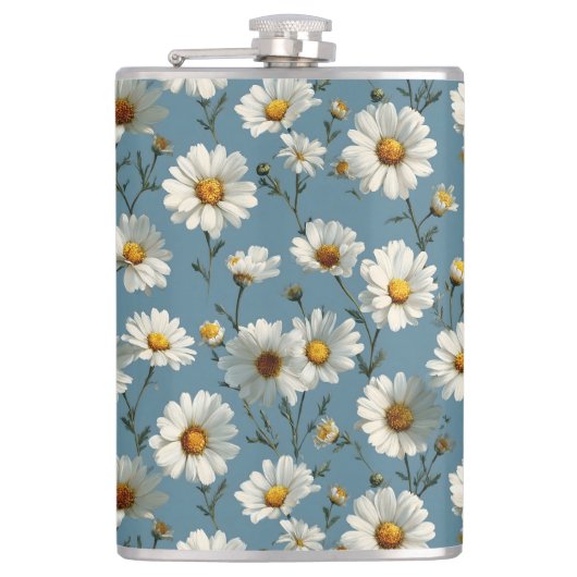 Naadloze Daisy Flower Pattern op Blauw Heupfles (Voorkant)