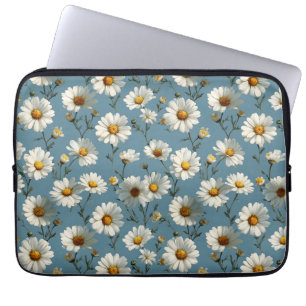 Naadloze Daisy Flower Pattern op Blauw Laptop Sleeve