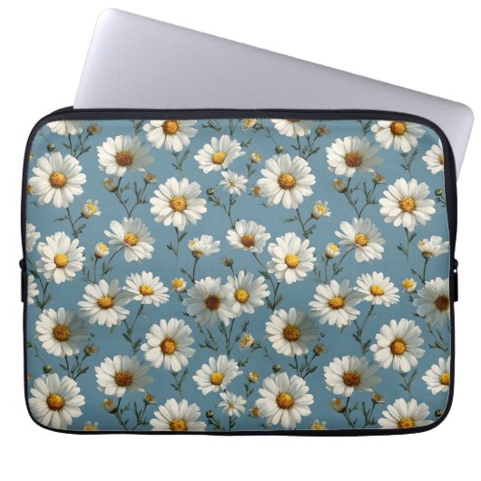 Naadloze Daisy Flower Pattern op Blauw Laptop Sleeve (Voorkant)