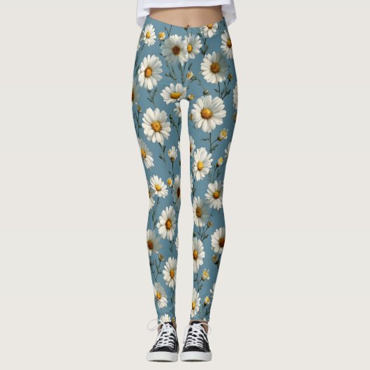 Naadloze Daisy Flower Pattern op Blauw Leggings (Voorkant)