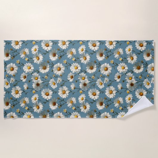 Naadloze Daisy Flower Pattern op Blauw Strandlaken (Voorkant)