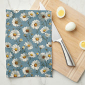 Naadloze Daisy Flower Pattern op Blauw Theedoek (Quarter Fold)