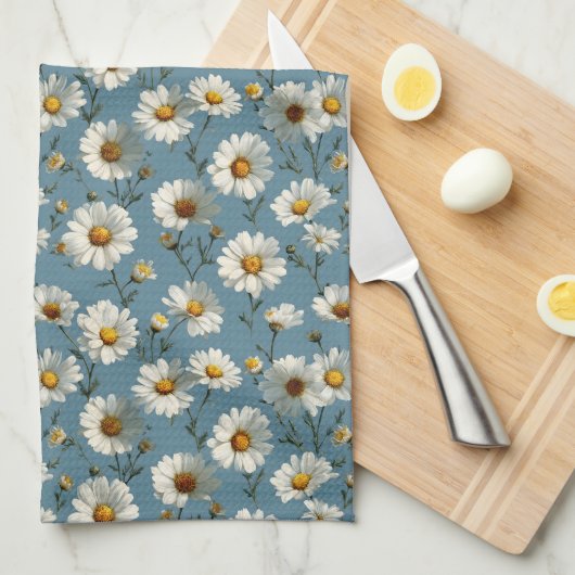 Naadloze Daisy Flower Pattern op Blauw Theedoek (Quarter Fold)