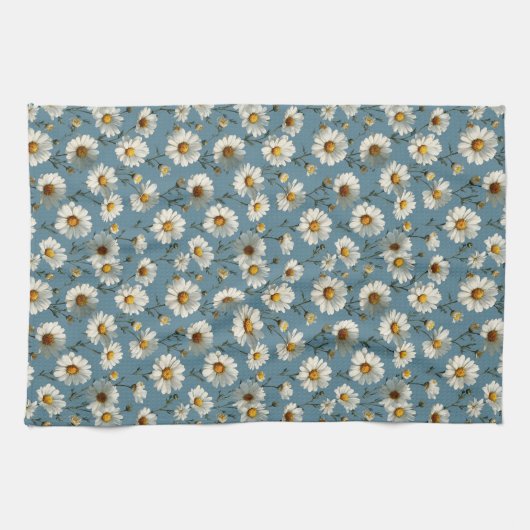 Naadloze Daisy Flower Pattern op Blauw Theedoek (Horizontaal)