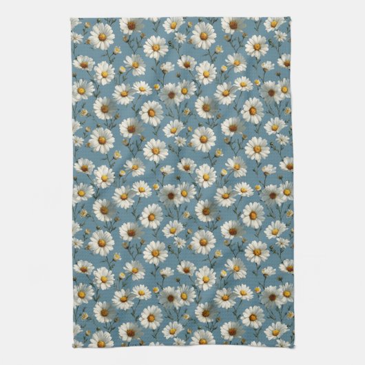 Naadloze Daisy Flower Pattern op Blauw Theedoek (Verticaal)