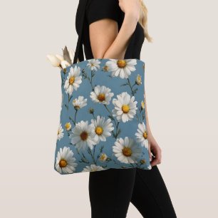 Naadloze Daisy Flower Pattern op Blauw Tote Bag