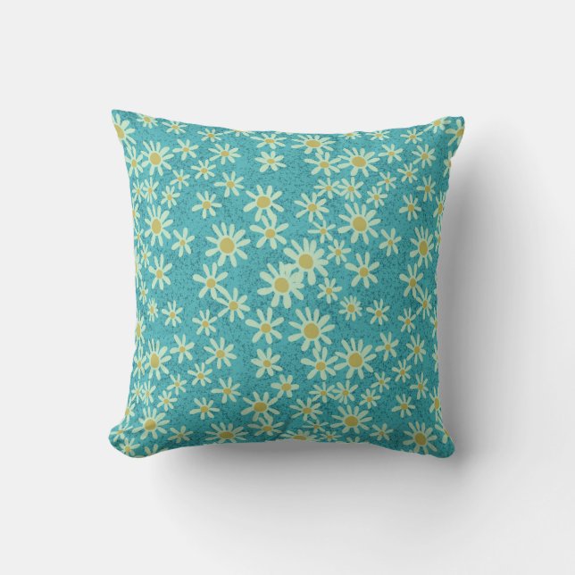 Naadloze Daisy Flower Pattern op Turquoise Kussen (Voorkant)