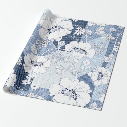 naadloze denim patchwork op flower cadeaupapier (Uitgerold)