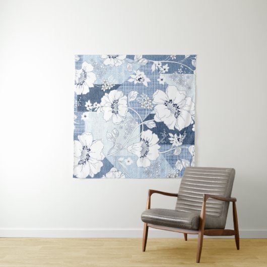 naadloze denim patchwork op flower wandkleed (In Situ (horizontaal))