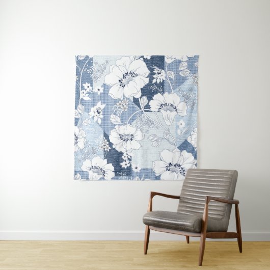 naadloze denim patchwork op flower wandkleed (In situ)