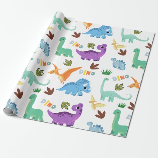 Naadloze Dinosaurus patroon verjaardagsfeest Cadeaupapier (Uitgerold)