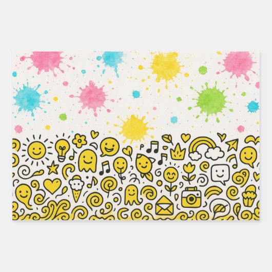 Naadloze Doodle Art Border in Gele en Zwarte Inkt Inpakpapier Vel (Voorkant 2)