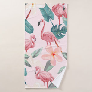 naadloze flamingos en tropische bloemen illustrere badhanddoek