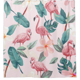 naadloze flamingos en tropische bloemen illustrere douchegordijn
