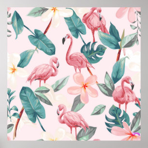 naadloze flamingos en tropische bloemen illustrere poster