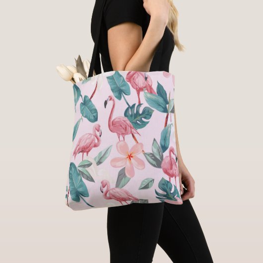 naadloze flamingos en tropische bloemen illustrere tote bag (Dichtbij)