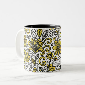 Naadloze Gele en Zwarte Doodle Art Tweekleurige Koffiemok