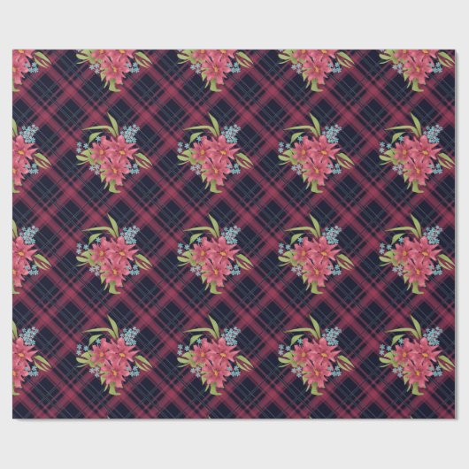 Naadloze gevlochten vleidtartan zwarte rode bloeme cadeaupapier (Vlak)