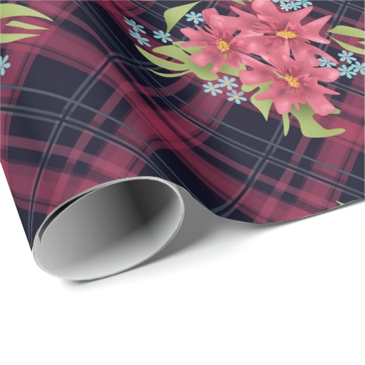 Naadloze gevlochten vleidtartan zwarte rode bloeme cadeaupapier (Rol Hoek)
