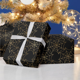 Naadloze goud folie en zwarte spinnenwebben Hallow Cadeaupapier