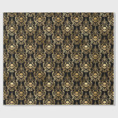 Naadloze gouden en zwarte schedel Damask Halloween Cadeaupapier (Vlak)