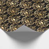 Naadloze gouden en zwarte schedel Damask Halloween Cadeaupapier (Hoek)