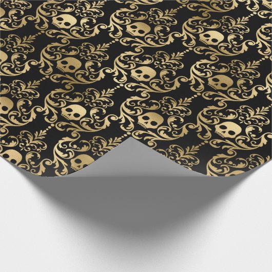 Naadloze gouden en zwarte schedel Damask Halloween Cadeaupapier (Hoek)