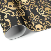 Naadloze gouden en zwarte schedel Damask Halloween Cadeaupapier (Rol Hoek)