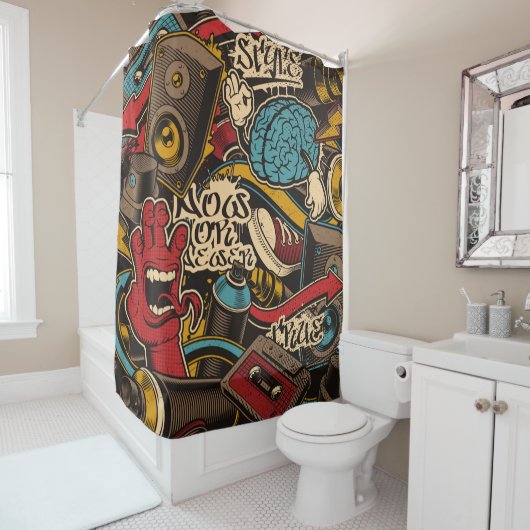 Naadloze Graffiti achtergrond. Kleurrijke naadloze Douchegordijn (In situ)