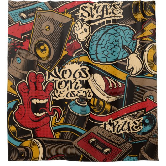 Naadloze Graffiti achtergrond. Kleurrijke naadloze Douchegordijn (Voorkant)