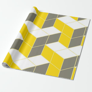 Naadloze grijze en gele isometrische cubische drie cadeaupapier
