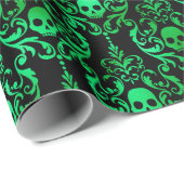 Naadloze groene en zwarte schedel Damask Halloween Cadeaupapier (Rol Hoek)