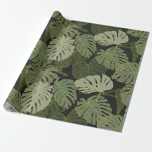 Naadloze groene khaki en goudmonster patroon cadeaupapier (Uitgerold)