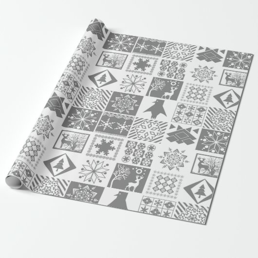 Naadloze kerstpatchwork sneeuwhert cadeaupapier (Uitgerold)
