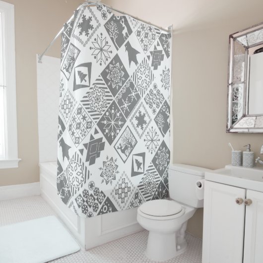 Naadloze kerstpatchwork sneeuwhert douchegordijn (In situ)