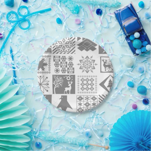 Naadloze kerstpatchwork sneeuwhert papieren bordje (Feest)