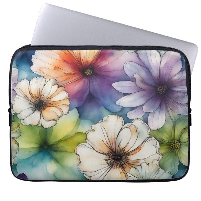 Naadloze Kleurrijke Bloemen in Waterverf Laptop Sleeve (Voorkant)