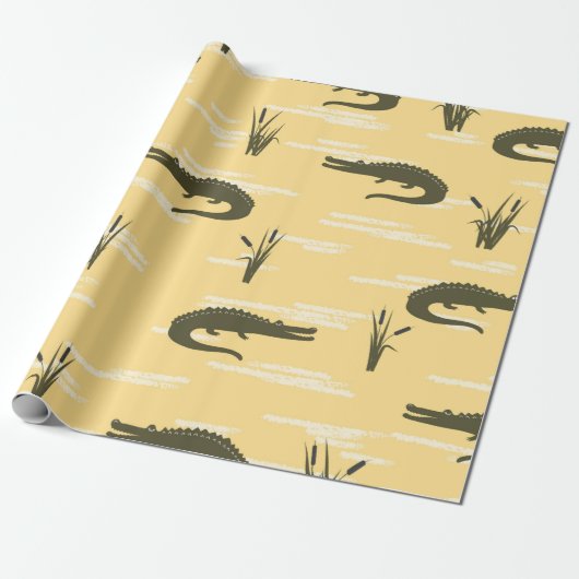Naadloze krokodillen patroon.  gele ruggr. cadeaupapier (Uitgerold)