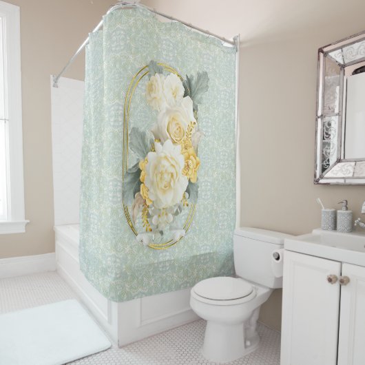 Naadloze lichtgroene, gele & witte mandala's douchegordijn (In situ)